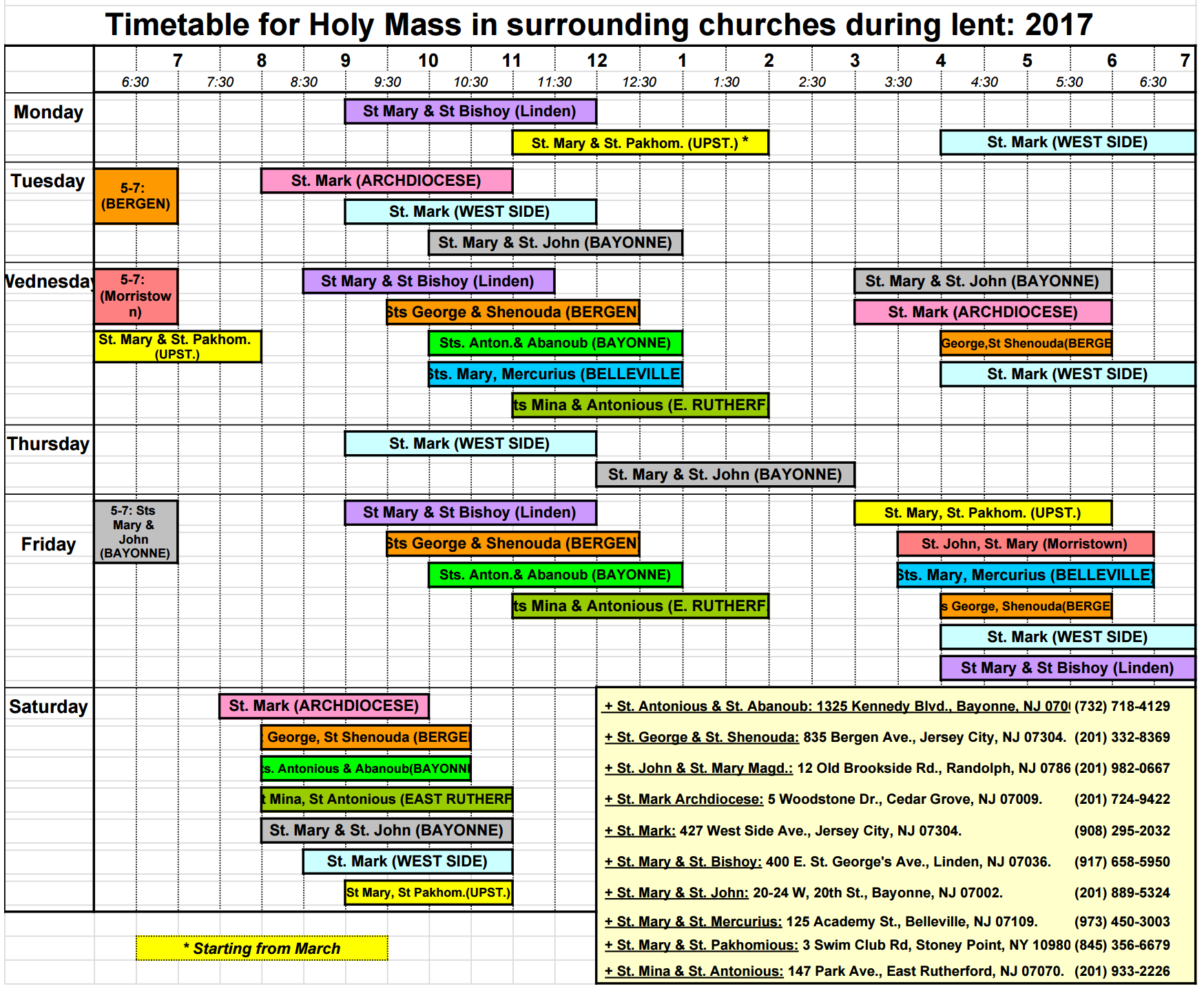 2017 Local Lenten Liturgy Schedule St. & St. Shenouda Coptic